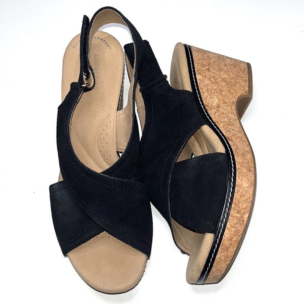 Clarks Black Suede Wedge Sandals Size 9 - Picture 3 of 12